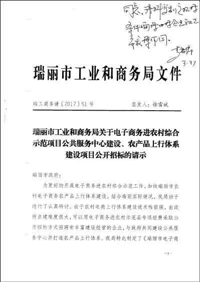 关于瑞丽市电子商务进农村综合示范项目公共服务中心及农产品上行体系建设项目公开招标工作暨选定招投标代理服务的请示